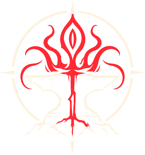 Emblema da EldritchForge: uma bigorna rubra com tentáculos e um olho dentro de um anel de bússola