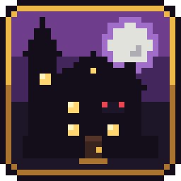 Pixel art da Mansão dos Condenados: um casarão escuro sob a lua cheia, com janelas acesas e dois olhos vermelhos na porta